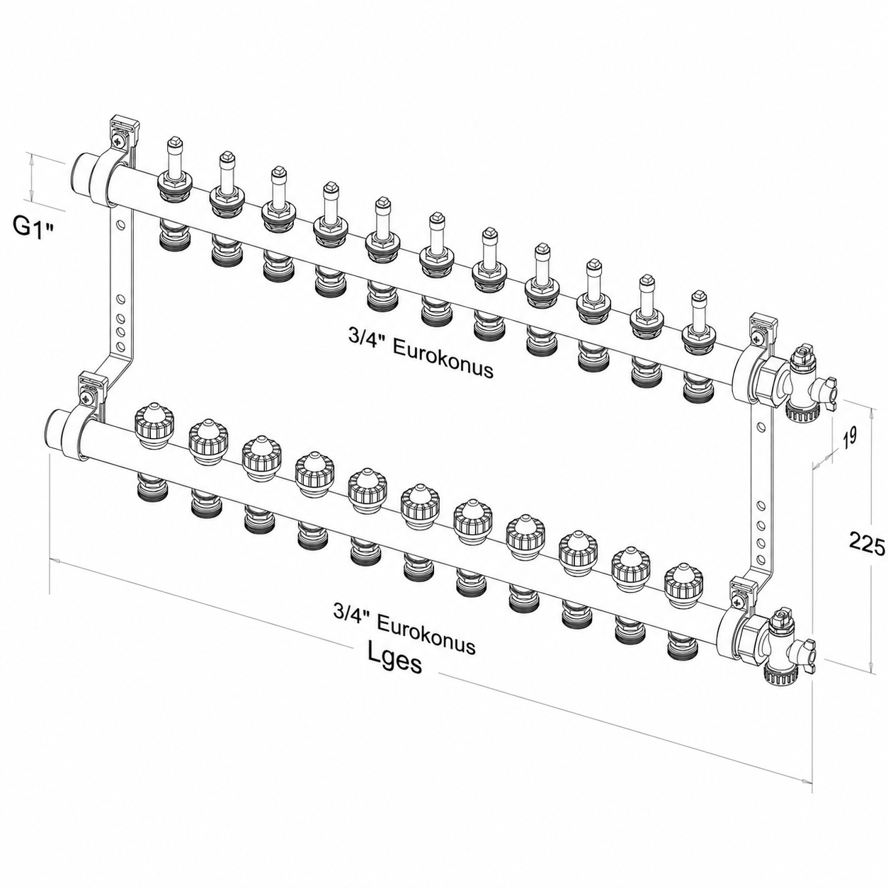 Roth Heizkreisverteiler 11-Heizkreise Messing FlatConnect mit DFA absperrbar 1115011041