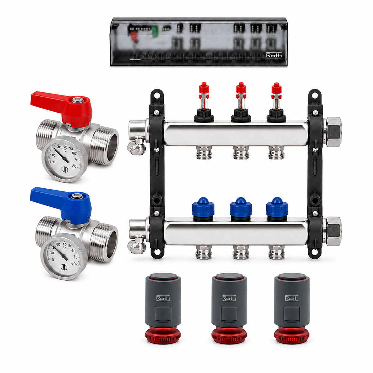 Roth 3er Heizkreisverteiler-Set Edelstahl Stellantriebe Anschlussleiste Kugelhahn 230V Heizen