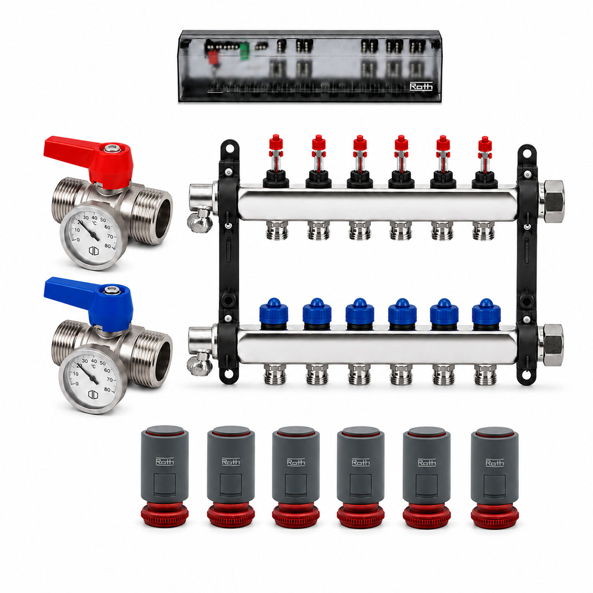 Roth 6er Heizkreisverteiler-Set Edelstahl Stellantriebe Anschlussleiste Kugelhahn 230V Heizen