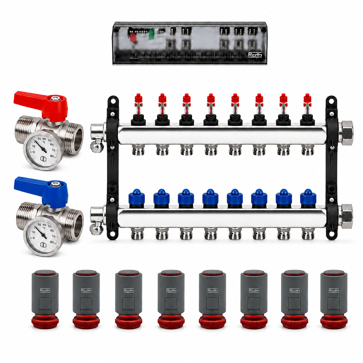 Roth 8er Heizkreisverteiler-Set Edelstahl Stellantriebe Anschlussleiste Kugelhahn 230V Heizen