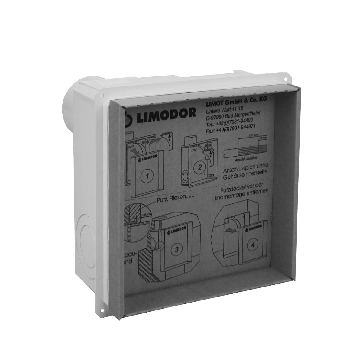 LIMODOR Unterputzgehäuse compact H Einbaukasten Ausblas hinten DN80 Rückschlagklappe 80100