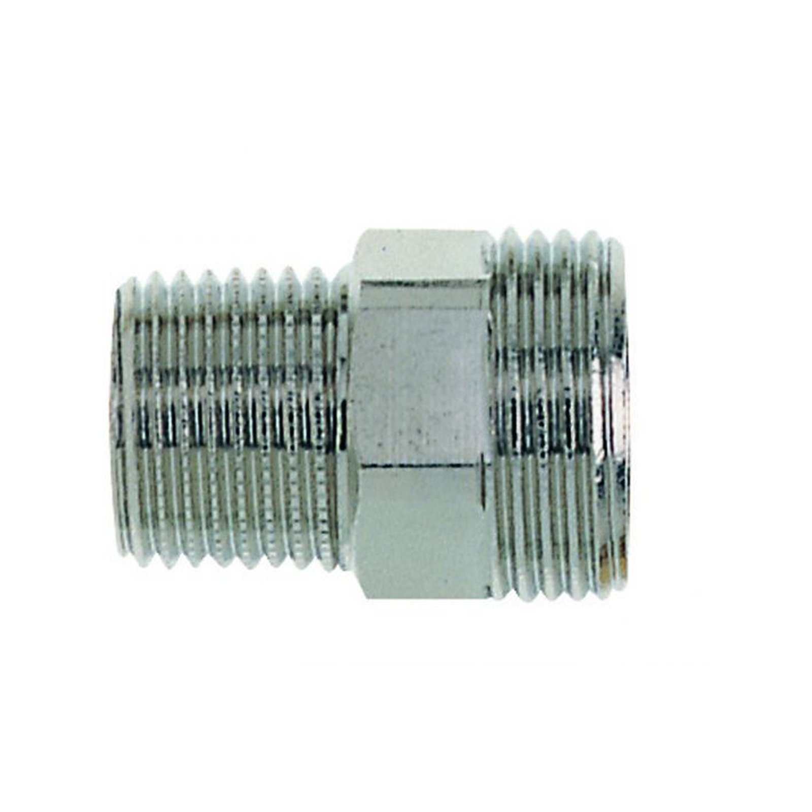 Heimeier Anschlussverschraubung Doppelnippel R 1/2 x G 3/4 Messing vernickelt 26 mm 1321-12.083