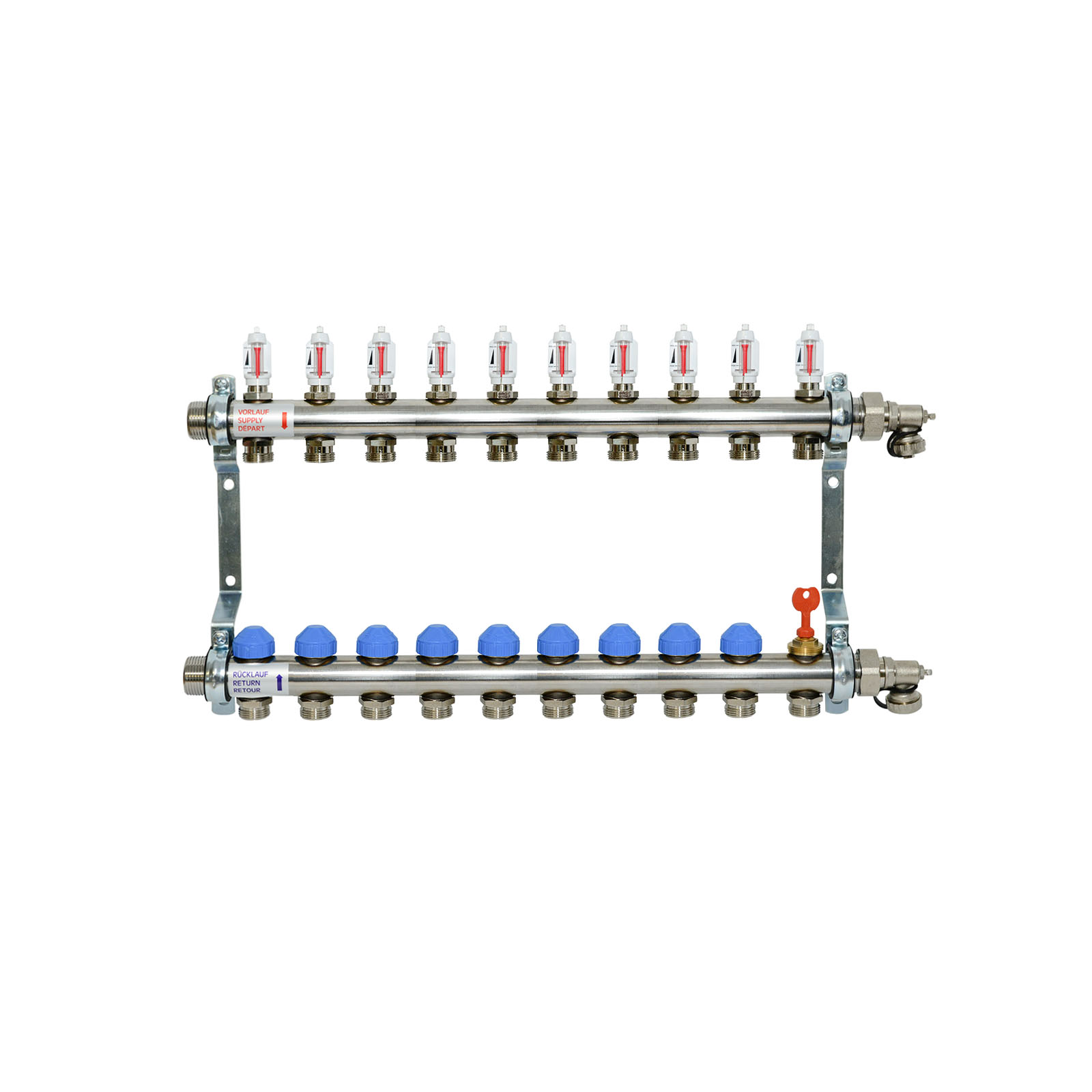 10-fach Heizkreisverteiler Premium selbstregulierend mit Durchflussanzeige Edelstahl