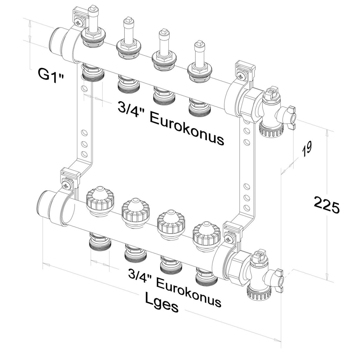 Roth Heizkreisverteiler 4-Heizkreise Messing FlatConnect mit DFA absperrbar 1115011034